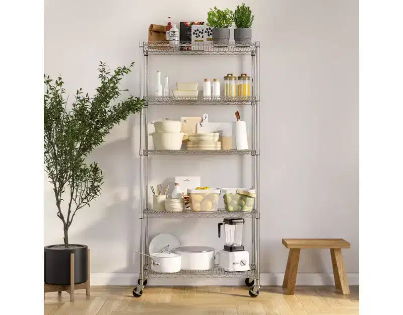 Scaffale in filo d'acciaio a 5 ripiani, 91,4 cm L x 35,6 cm P x 193 cm A, 136 kg per ripiano, certificato NSF, con ruote e piedini livellatori