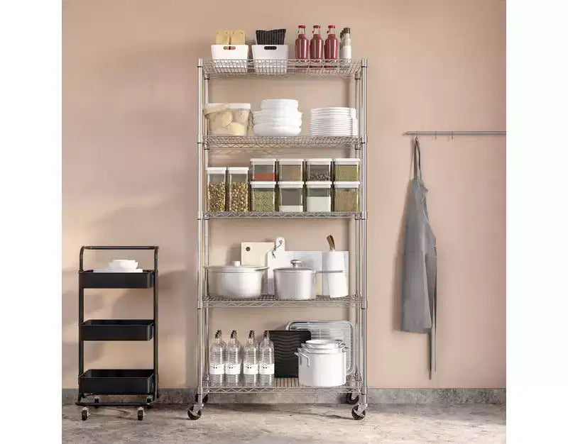 Scaffale in filo d'acciaio a 5 ripiani, 91,4 cm L x 35,6 cm P x 193 cm A, 136 kg per ripiano, certificato NSF, con ruote e piedini livellatori