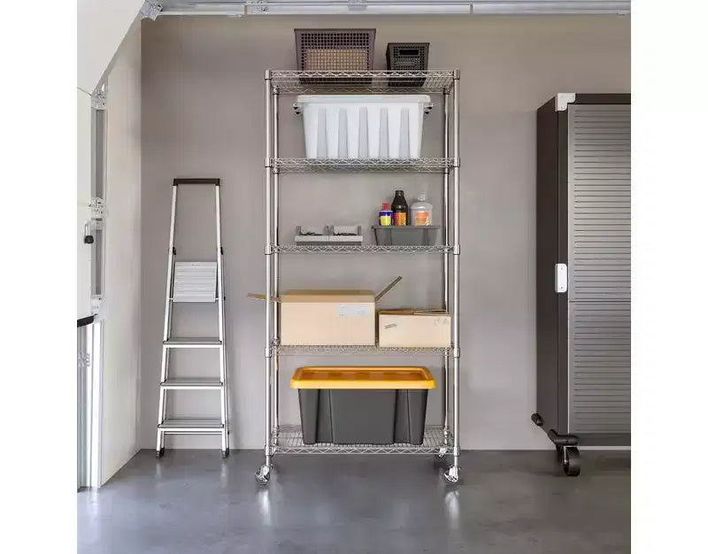 Scaffale in filo d'acciaio a 5 ripiani, 91,4 cm L x 35,6 cm P x 193 cm A, 136 kg per ripiano, certificato NSF, con ruote e piedini livellatori