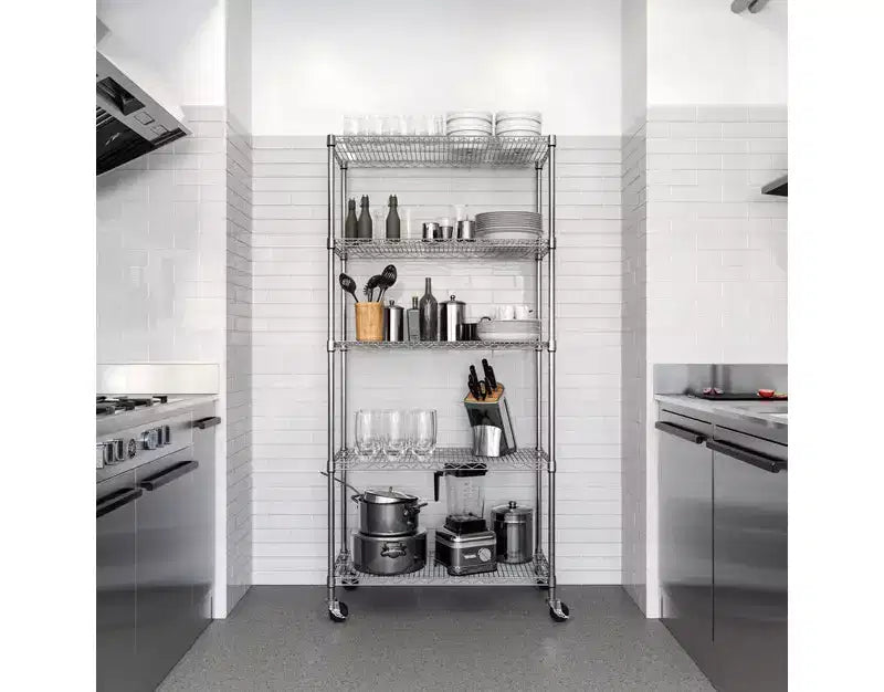 Scaffale in filo d'acciaio a 5 ripiani, 91,4 cm L x 35,6 cm P x 193 cm A, 136 kg per ripiano, certificato NSF, con ruote e piedini livellatori