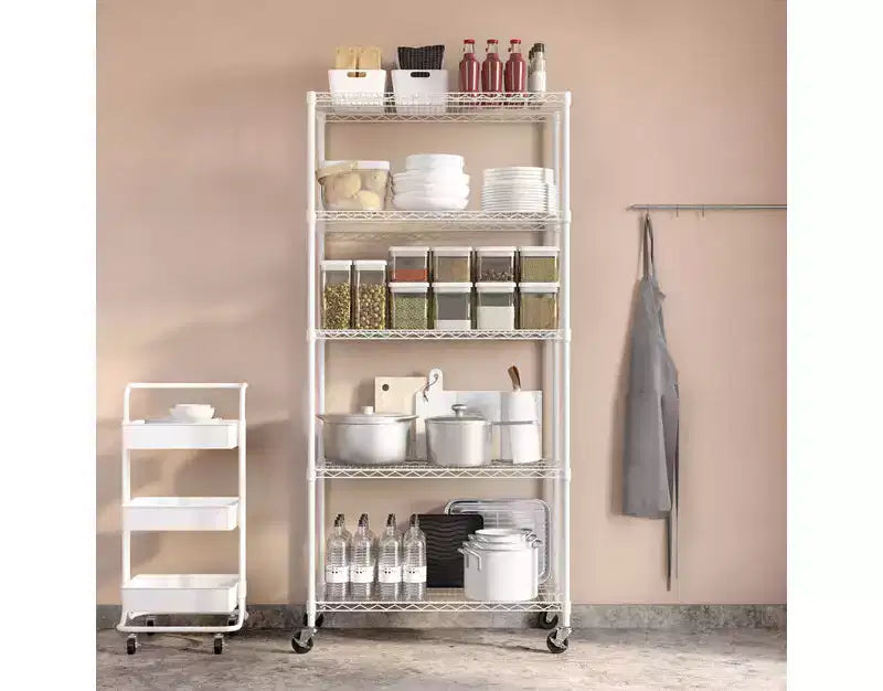 Scaffale in filo d'acciaio a 5 ripiani, 91,4 cm L x 35,6 cm P x 193 cm A, 136 kg per ripiano, certificato NSF, con ruote e piedini livellatori