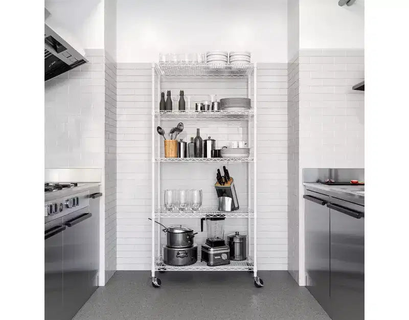 Scaffale in filo d'acciaio a 5 ripiani, 91,4 cm L x 35,6 cm P x 193 cm A, 136 kg per ripiano, certificato NSF, con ruote e piedini livellatori