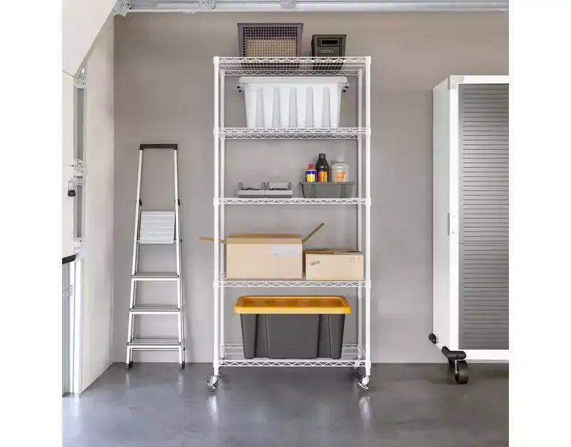 Scaffale in filo d'acciaio a 5 ripiani, 91,4 cm L x 35,6 cm P x 193 cm A, 136 kg per ripiano, certificato NSF, con ruote e piedini livellatori