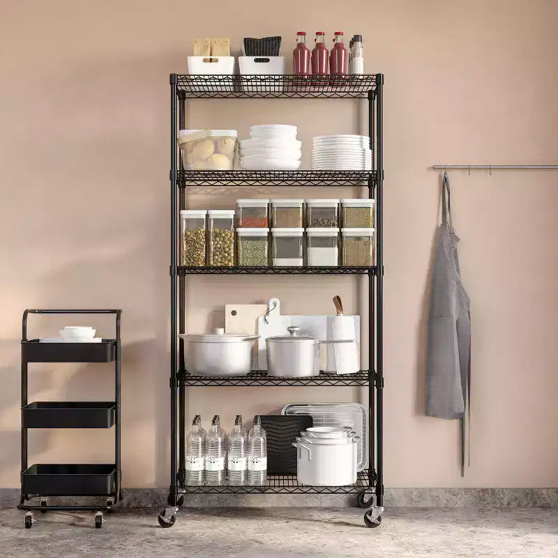 Scaffale in filo d'acciaio a 5 ripiani, 91,4 cm L x 35,6 cm P x 193 cm A, 136 kg per ripiano, certificato NSF, con ruote e piedini livellatori