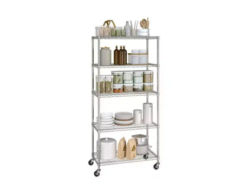 Scaffale in filo d'acciaio a 5 ripiani, 91,4 cm L x 35,6 cm P x 193 cm A, 136 kg per ripiano, certificato NSF, con ruote e piedini livellatori