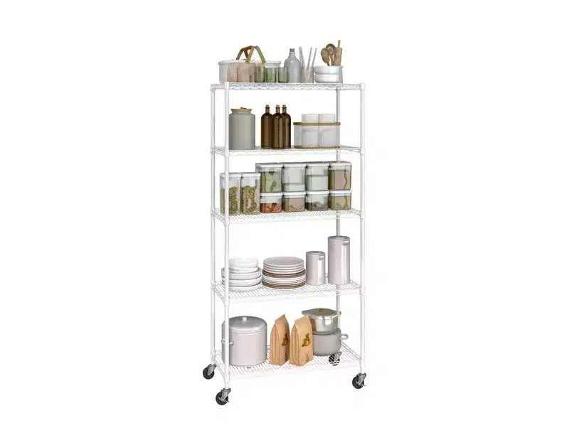 Scaffale in filo d'acciaio a 5 ripiani, 91,4 cm L x 35,6 cm P x 193 cm A, 136 kg per ripiano, certificato NSF, con ruote e piedini livellatori