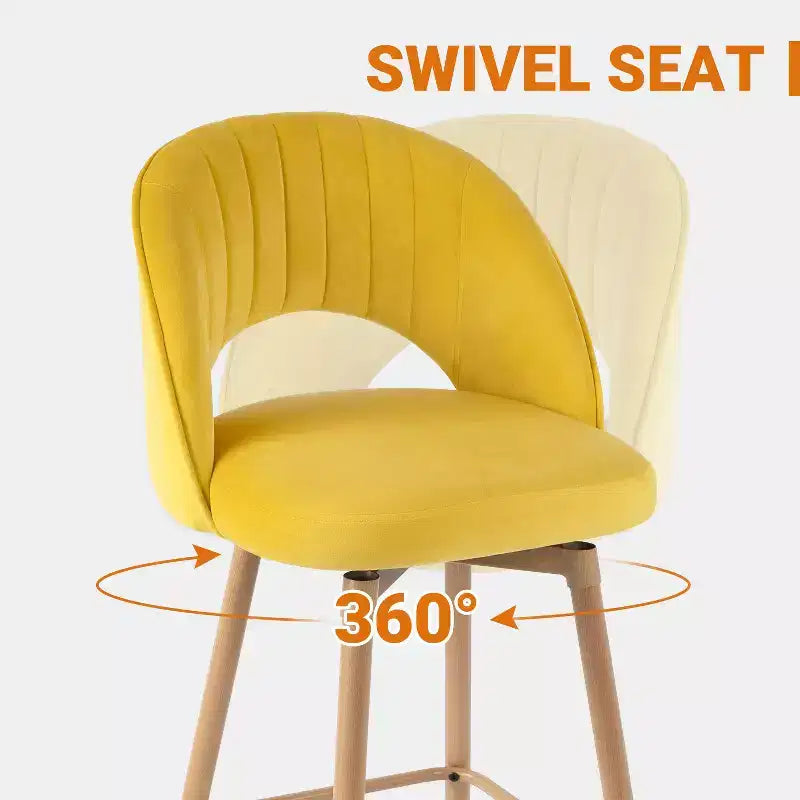 Sgabelli da bar girevoli in velluto ad altezza bancone con schienale curvo e gambe effetto legno, set da 3, seduta 44,5L x 40P cm