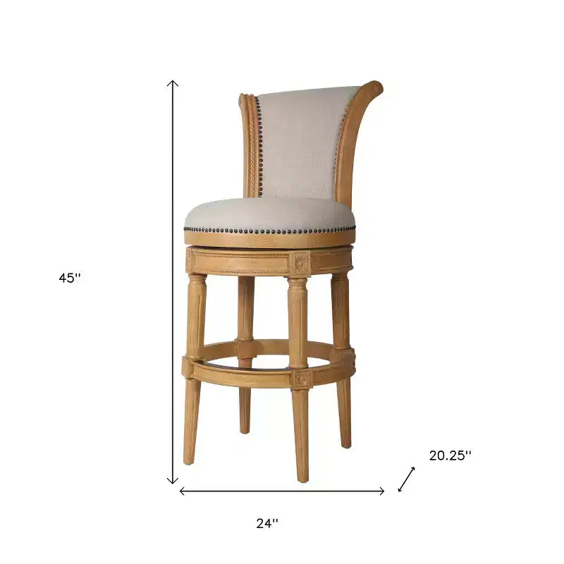Sedia da bar girevole in legno massello, altezza bancone, in tessuto beige e naturale, 76 cm