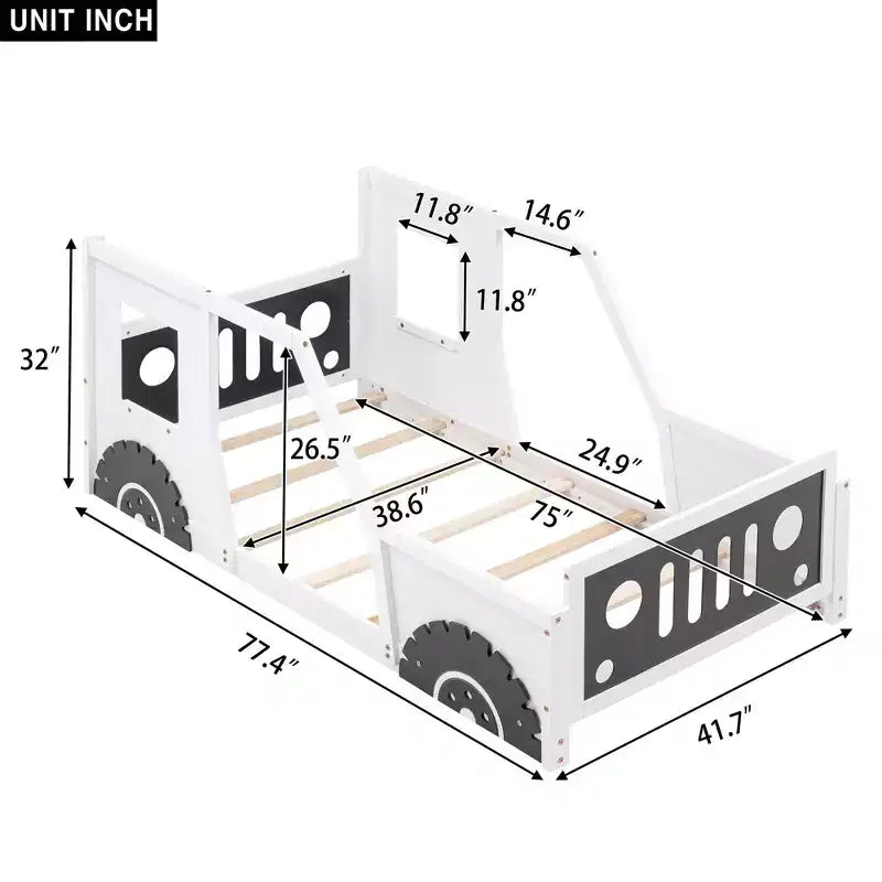 Struttura letto per bambini a forma di macchina, misure Twin/Full, con spondine laterali e doghe in legno