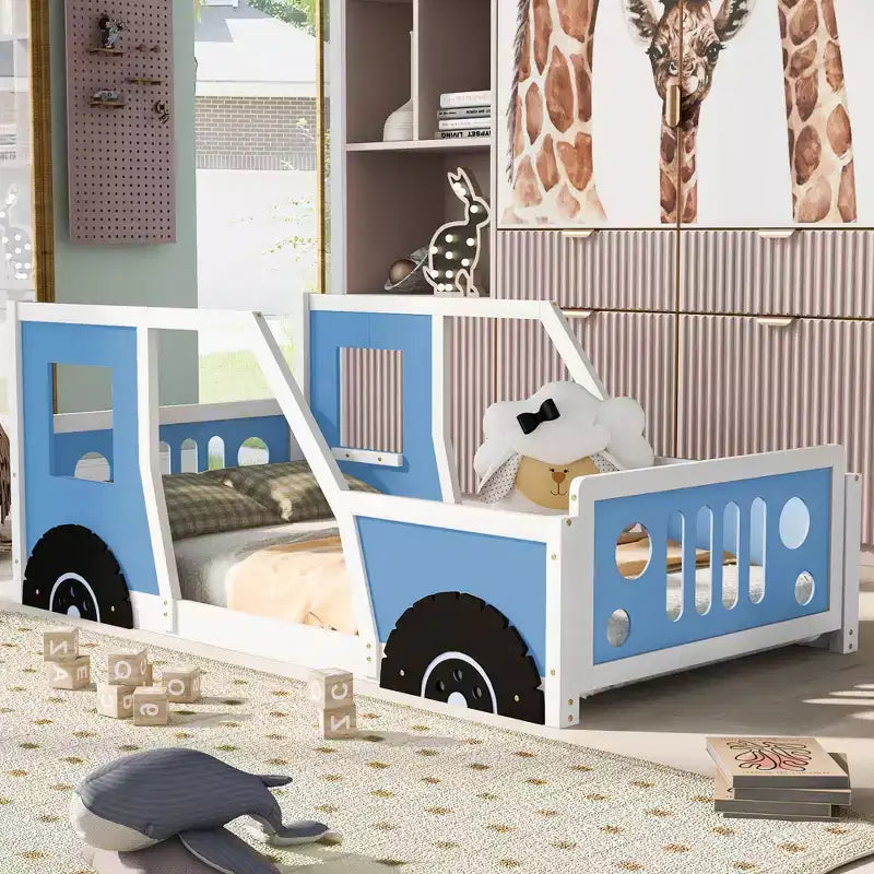 Struttura letto per bambini a forma di macchina, misure Twin/Full, con spondine laterali e doghe in legno
