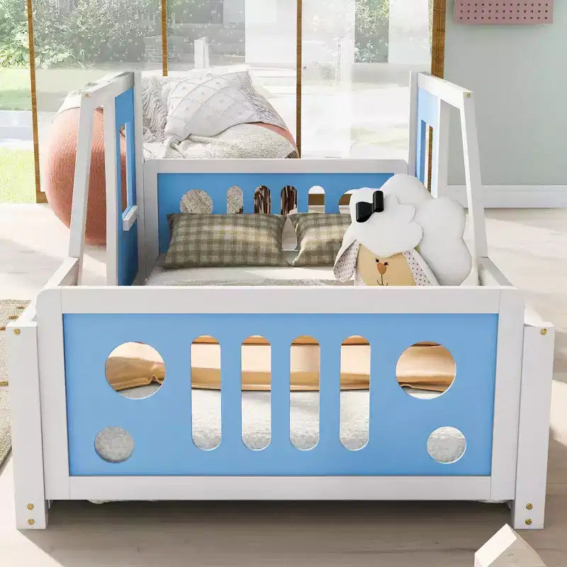 Struttura letto per bambini a forma di macchina, misure Twin/Full, con spondine laterali e doghe in legno