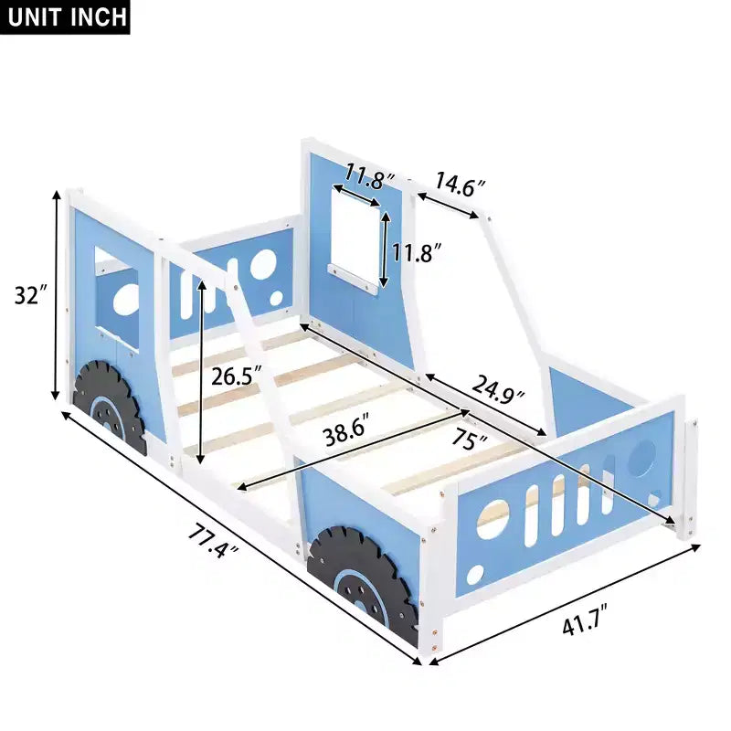Struttura letto per bambini a forma di macchina, misure Twin/Full, con spondine laterali e doghe in legno