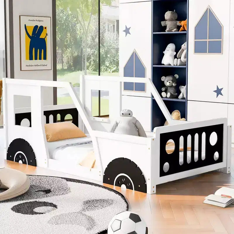 Struttura letto per bambini a forma di macchina, misure Twin/Full, con spondine laterali e doghe in legno