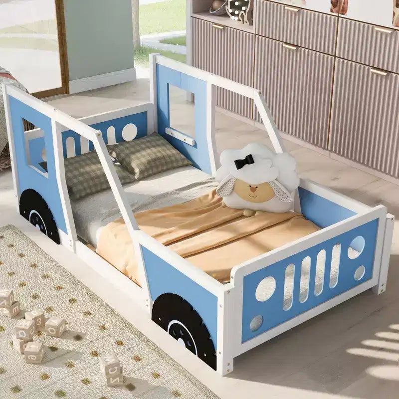 Struttura letto per bambini a forma di macchina, misure Twin/Full, con spondine laterali e doghe in legno