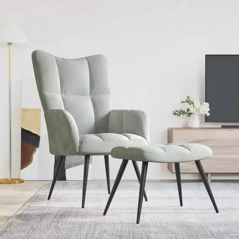 Poltrona Relax con Poggiapiedi, Rivestimento in Velluto Grigio Chiaro, Design Moderno