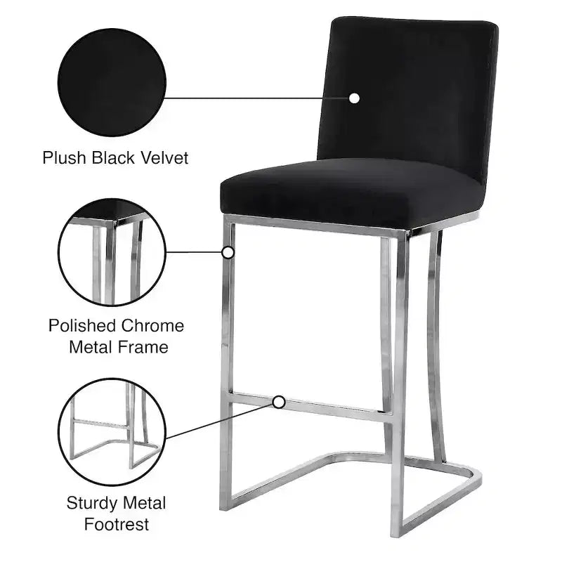 Sgabello da bar in velluto nero con base in metallo cromato, stile Heidi