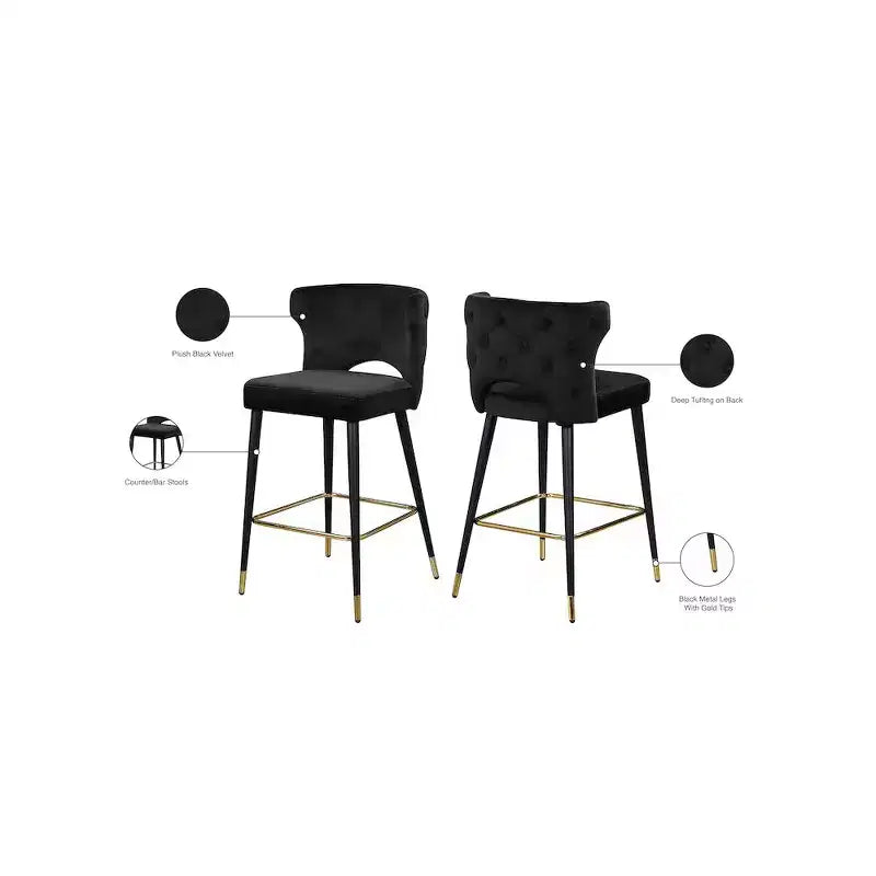 Sgabelli da Bar in Velluto Nero con Schienale e Seduta Imbottiti, Set da 2, Stile Kelly