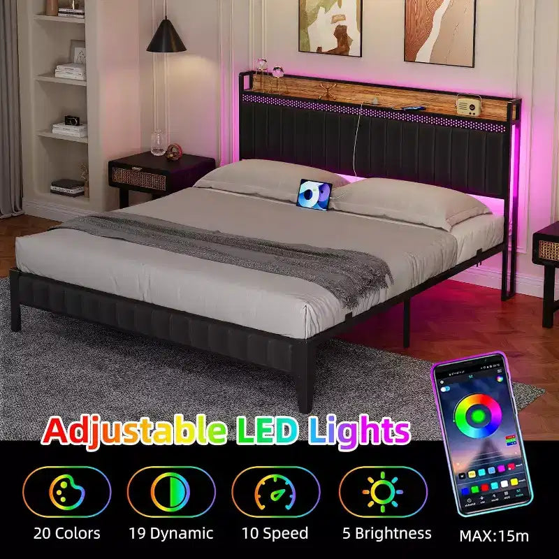 Struttura Letto Imbottita con Luci LED, Testiera Contenitore e Stazione di Ricarica, Nessuna Rete a Molle Necessaria