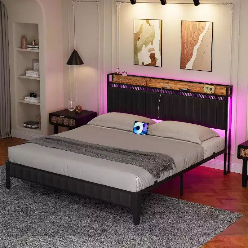 Struttura Letto Imbottita con Luci LED, Testiera Contenitore e Stazione di Ricarica, Nessuna Rete a Molle Necessaria