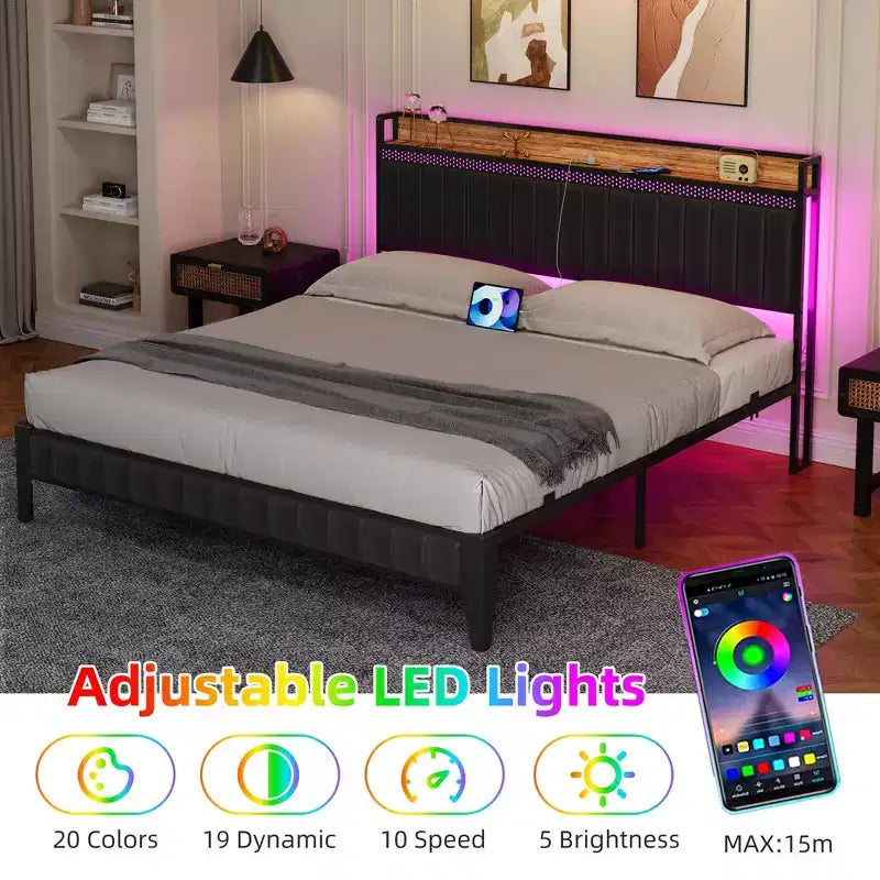 Struttura Letto Imbottita con Luci LED, Testiera Contenitore e Stazione di Ricarica, Nessuna Rete a Molle Necessaria