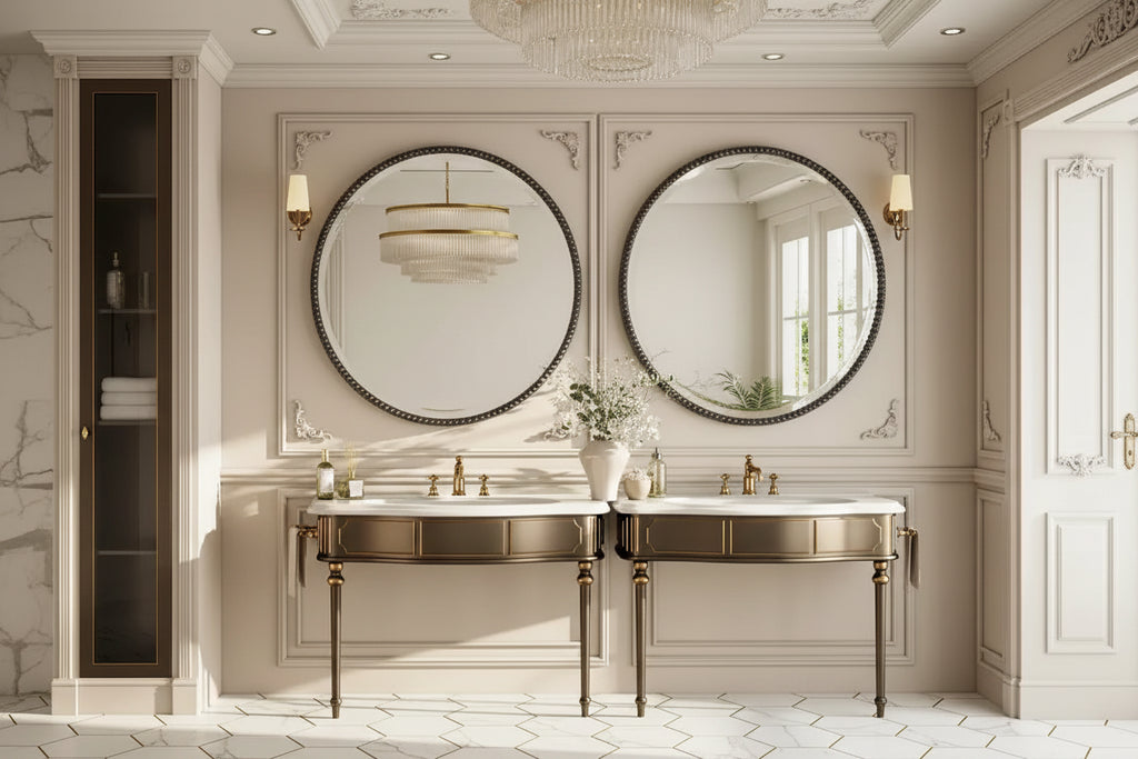 Specchio rotondo da parete con cornice in resina e perline, specchio decorativo per bagno/toilette