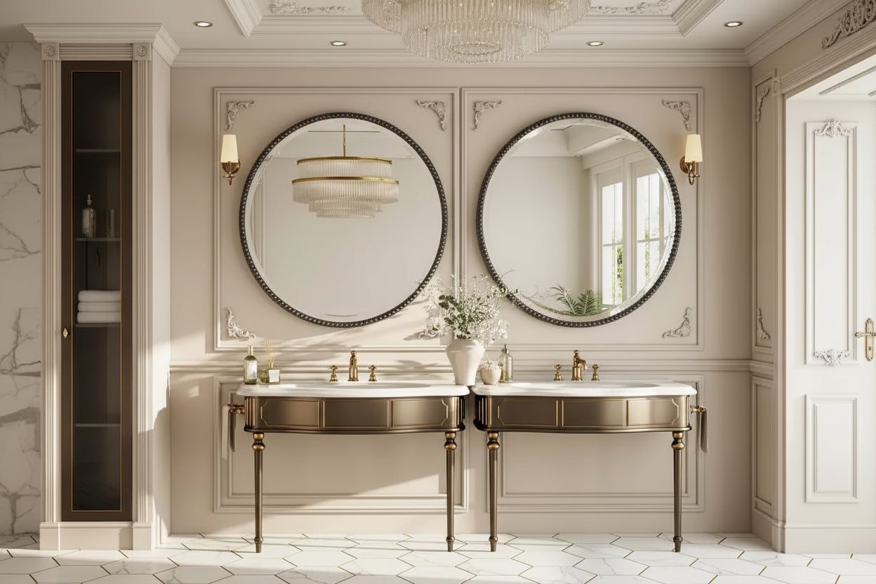 Specchio rotondo da parete con cornice in resina e perline, specchio decorativo per bagno/toilette