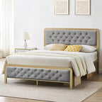 Grey Button-Tufted Metal Bed Frame for Approx. 137 × 191 cm Mattress with 32 cm Under-Bed Clearance