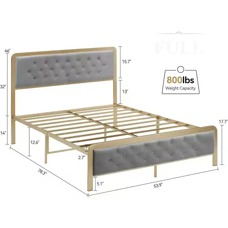 Struttura Letto Matrimoniale Imbottita con Testiera Trapuntata a Bottoni, 32 cm di Spazio Contenitore Sotto il Letto, Metallo Resistente, Nessuna Rete a Molle Necessaria, Grigio
