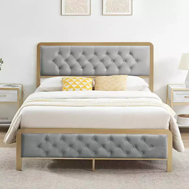 Struttura Letto Matrimoniale Imbottita con Testiera Trapuntata a Bottoni, 32 cm di Spazio Contenitore Sotto il Letto, Metallo Resistente, Nessuna Rete a Molle Necessaria, Grigio