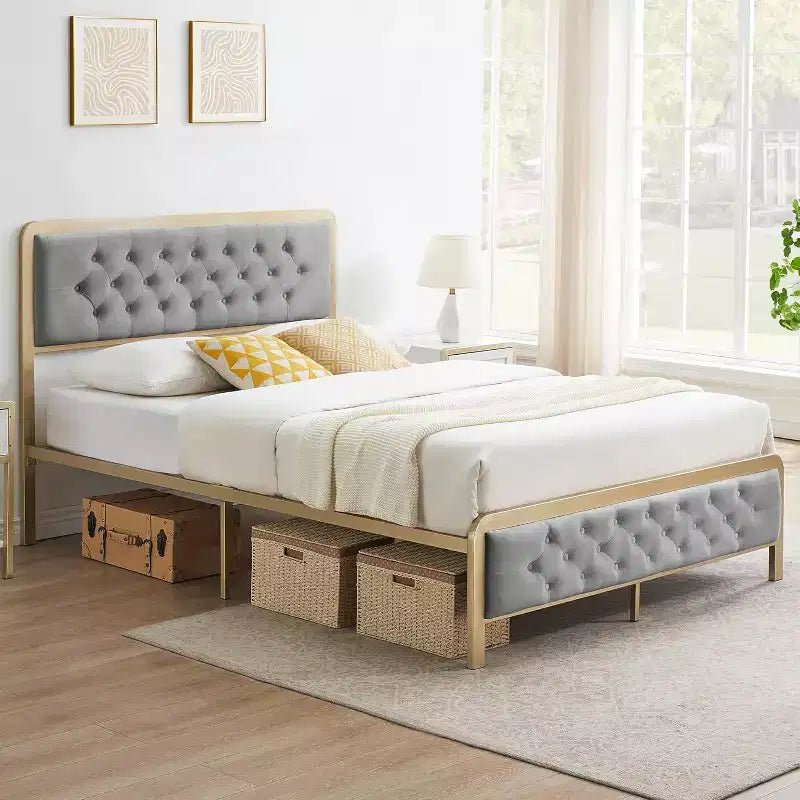 Struttura Letto Matrimoniale Imbottita con Testiera Trapuntata a Bottoni, 32 cm di Spazio Contenitore Sotto il Letto, Metallo Resistente, Nessuna Rete a Molle Necessaria, Grigio