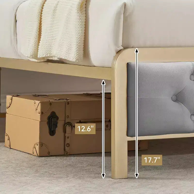 Struttura Letto Matrimoniale Imbottita con Testiera Trapuntata a Bottoni, 32 cm di Spazio Contenitore Sotto il Letto, Metallo Resistente, Nessuna Rete a Molle Necessaria, Grigio
