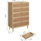 Cassettiera Alta in Rattan a 5 Cassetti con Contenitore Profondo, Mobiletto in Legno da Terra per Camera da Letto, Armadio, Soggiorno