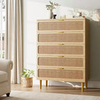 Cassettiera Alta in Rattan a 5 Cassetti con Contenitore Profondo, Mobiletto in Legno da Terra per Camera da Letto, Armadio, Soggiorno