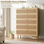 Cassettiera Alta in Rattan a 5 Cassetti con Contenitore Profondo, Mobiletto in Legno da Terra per Camera da Letto, Armadio, Soggiorno