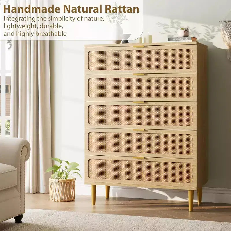 Cassettiera alta a 5 cassetti in rattan, cassettone con spazio profondo, armadietto in legno da pavimento per camera da letto, ripostiglio, soggiorno