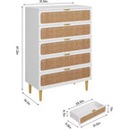Cassettiera Alta in Rattan a 5 Cassetti con Contenitore Profondo, Mobiletto in Legno da Terra per Camera da Letto, Armadio, Soggiorno