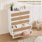 Cassettiera Alta in Rattan a 5 Cassetti con Contenitore Profondo, Mobiletto in Legno da Terra per Camera da Letto, Armadio, Soggiorno