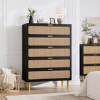 Cassettiera Alta in Rattan a 5 Cassetti con Contenitore Profondo, Mobiletto in Legno da Terra per Camera da Letto, Armadio, Soggiorno