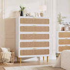 Cassettiera Alta in Rattan a 5 Cassetti con Contenitore Profondo, Mobiletto in Legno da Terra per Camera da Letto, Armadio, Soggiorno