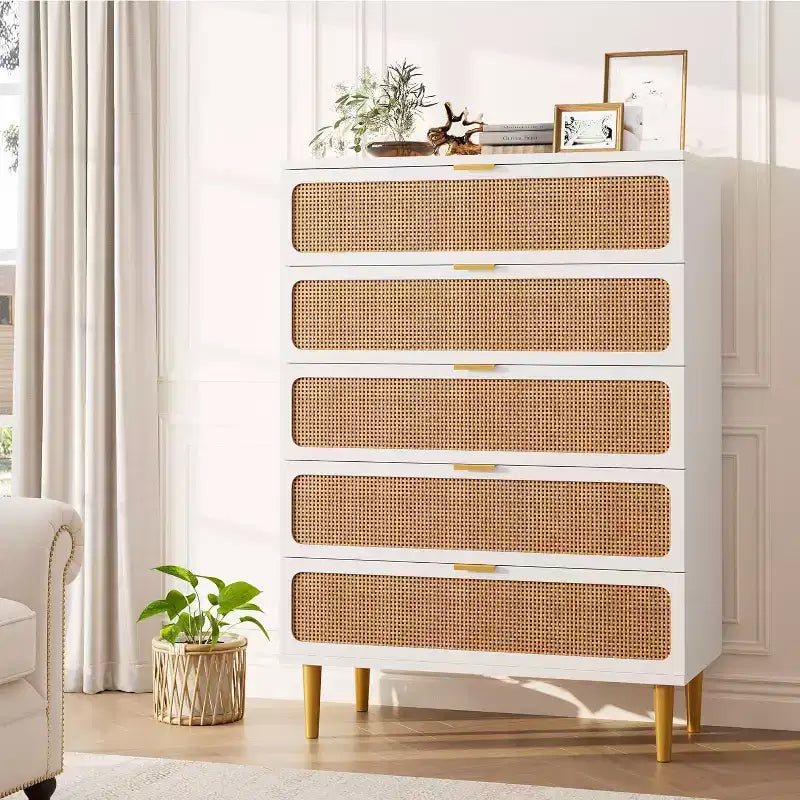 Cassettiera alta a 5 cassetti in rattan, cassettone con spazio profondo, armadietto in legno da pavimento per camera da letto, ripostiglio, soggiorno