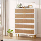 Cassettiera Alta in Rattan a 5 Cassetti con Contenitore Profondo, Mobiletto in Legno da Terra per Camera da Letto, Armadio, Soggiorno
