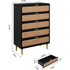 Cassettiera Alta in Rattan a 5 Cassetti con Contenitore Profondo, Mobiletto in Legno da Terra per Camera da Letto, Armadio, Soggiorno