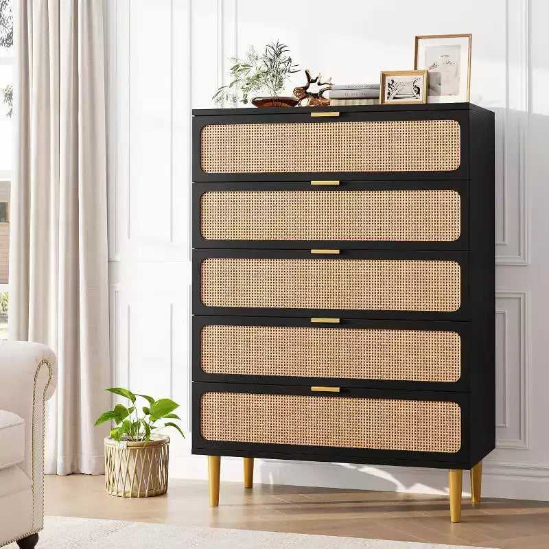Cassettiera alta a 5 cassetti in rattan, cassettone con spazio profondo, armadietto in legno da pavimento per camera da letto, ripostiglio, soggiorno