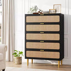 Cassettiera Alta in Rattan a 5 Cassetti con Contenitore Profondo, Mobiletto in Legno da Terra per Camera da Letto, Armadio, Soggiorno