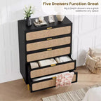 Cassettiera Alta in Rattan a 5 Cassetti con Contenitore Profondo, Mobiletto in Legno da Terra per Camera da Letto, Armadio, Soggiorno