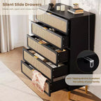 Cassettiera Alta in Rattan a 5 Cassetti con Contenitore Profondo, Mobiletto in Legno da Terra per Camera da Letto, Armadio, Soggiorno
