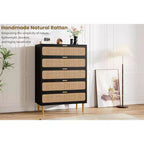 Cassettiera Alta in Rattan a 5 Cassetti con Contenitore Profondo, Mobiletto in Legno da Terra per Camera da Letto, Armadio, Soggiorno