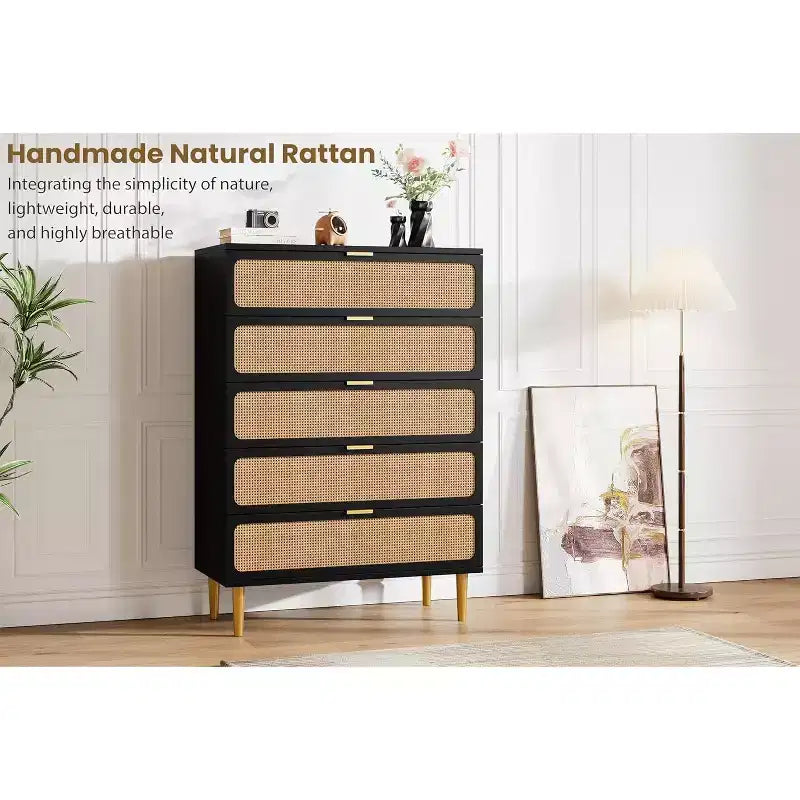 Cassettiera alta a 5 cassetti in rattan, cassettone con spazio profondo, armadietto in legno da pavimento per camera da letto, ripostiglio, soggiorno