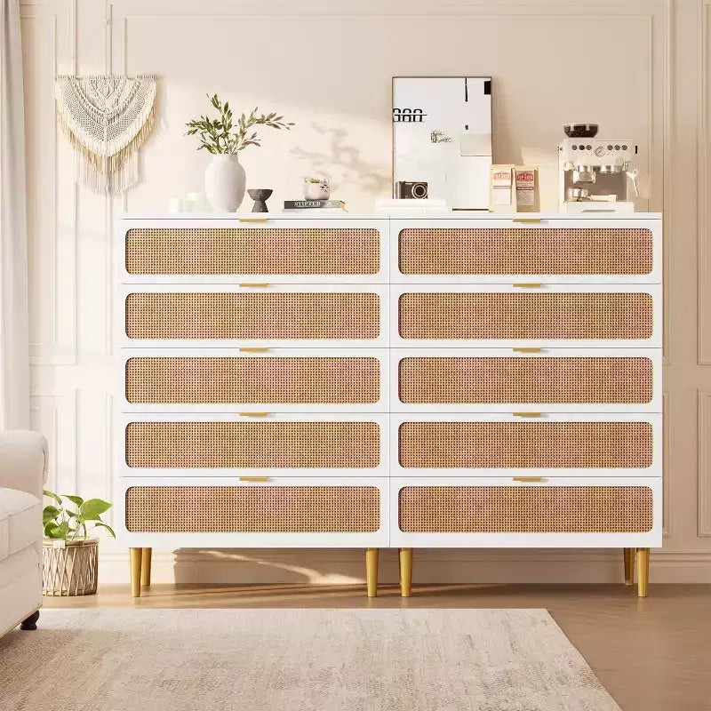 Cassettiera alta a 5 cassetti in rattan, cassettone con spazio profondo, armadietto in legno da pavimento per camera da letto, ripostiglio, soggiorno
