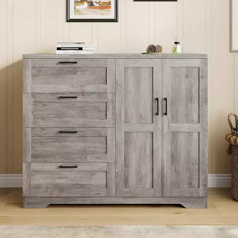 2-Door Wardrobe Dresser with 4 Drawers and Hanging Rod, Freestanding Closet Armoire